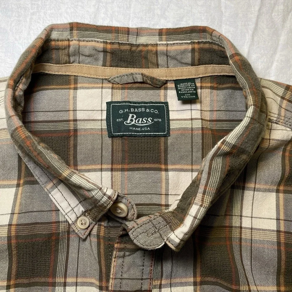 G.H. Bass Plaid Button Up Shirt Men's 2XL Brown‎ Short Sleeve Cotton